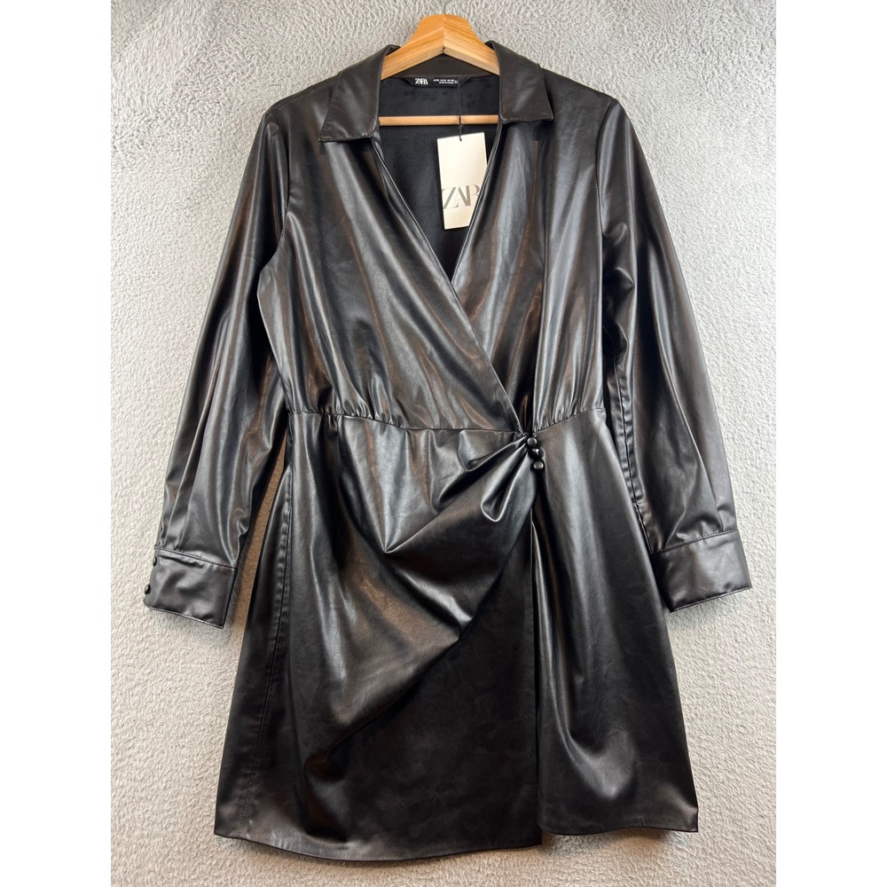Zara Womens Faux Leather Wrap Mini Dress Black Long Sleeve V-Neck Size M NEW